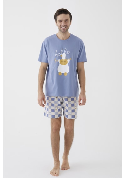 Erkek Kısa Kollu Pamuklu Ekose Desenli Ördek Baskılı Şortlu Pijama Takımı Ke30309 Mavi
