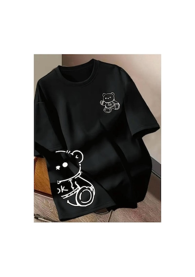 Medinenur Tedy Bear Baskılı Basic T-shirt Siyah