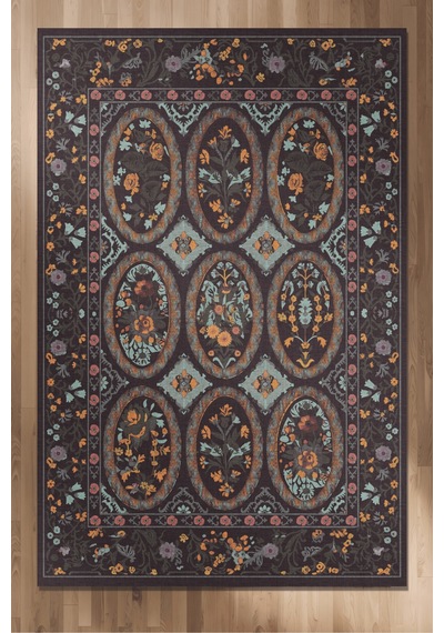 Floris 234 Antrasit Gri Pembe Çiçekli Bordürlü Eskitme Desenli Dokuma Şönil Bohem Vintage Oda Halısı Çok Renkli