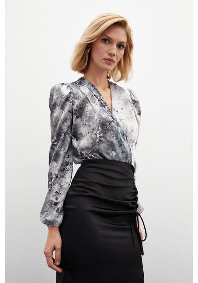 Sateen Çiçek Desenli Bodysuit Bluz - Gri Gri