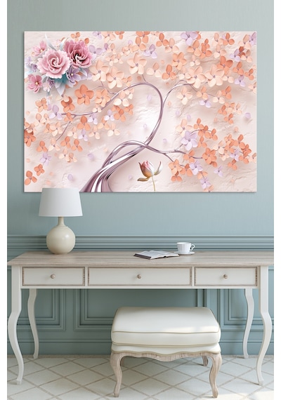 Kabartma Görünümlü Üç Boyutlu Pembe Çiçekler Kanvas Tablo 120 x 80