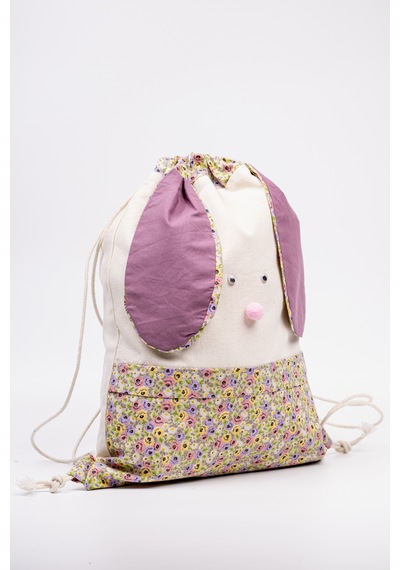 Fabric Craft Bag Çocuk Sırt Çantası Çiçek Desenli Figürlü Bez Model 33x44 Cm Astarlı Krem - Mor