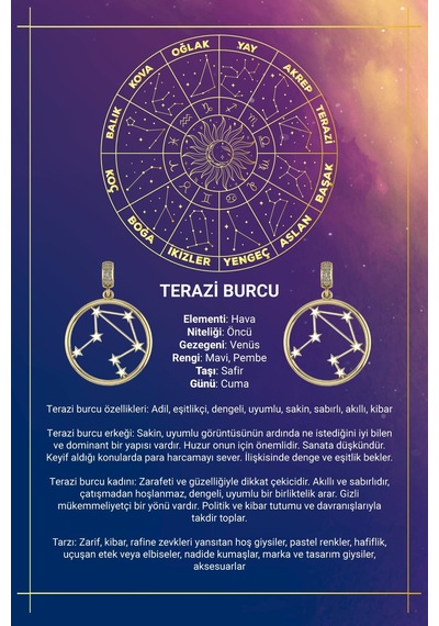14 Ayar Altın Terazi Burcu Kolye Ucu Burç Yıldız Haritası Sarı Altın