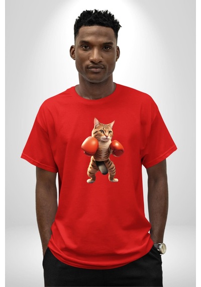 Boks Yapan Kedi Pamuklu Bisiklet Yaka Unisex Oversize Boyfriend Dijital Baskılı Kırmızı T-shirt Kırmızı