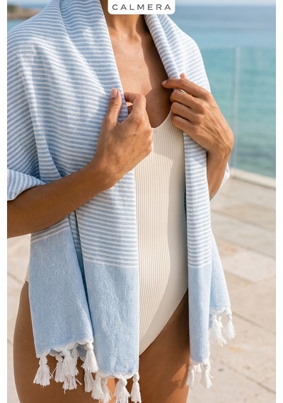 Calmera Çizgili Peştemal Pamuk - Doğal Saçaklı Plaj, Deniz, Havuz, Spa, Sauna, Spor, Seyahat Havlu - Mavi