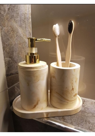Marble Bej Serisi 3'lü Beton Sivi Sabunluk Ve Diş Fırçalık Seti Gri