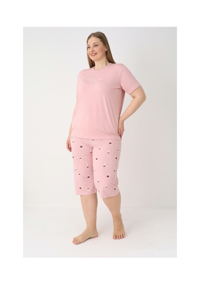 Estiva Kadın Kalp Alt Desenli Pembe Kısa Kollu Kaprili Soft Battal Pijama Takımı Çok renkli
