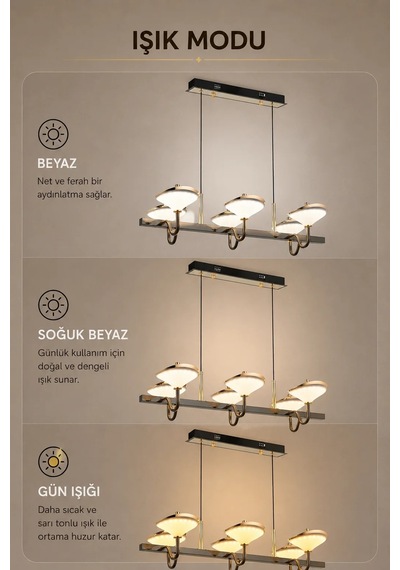 6'lı Modern Premium 3 Renkli Ledli Sarkıt Avizesi Salon Mutfak Yemek Masası Üstü Şık Modelleri 144w Bej