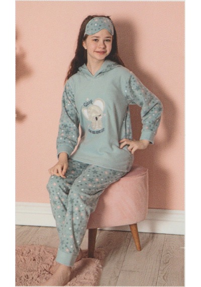 Kız Çocuk Garson Boy Kapşonlu Kışlık Pijama Takımı Mint