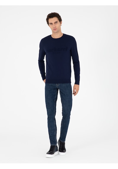 Cacharel Lacivert Slim Fit Bisiklet Yaka Triko Kazak