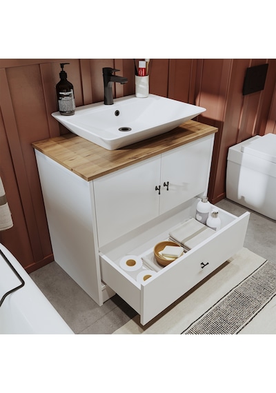 Lavabolu 80 Cm Çekmeceli Banyo Dlp + Aynalı Dlp + 2 Adet Boy Dlp Beyaz - Atlantik Çam