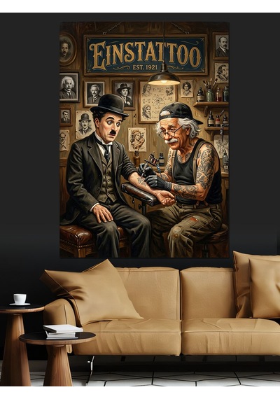 Charlie Chaplin Dövmeci Dükkanı Sahne Dekoratif Kanvas - Mdf Ahşap Tablo