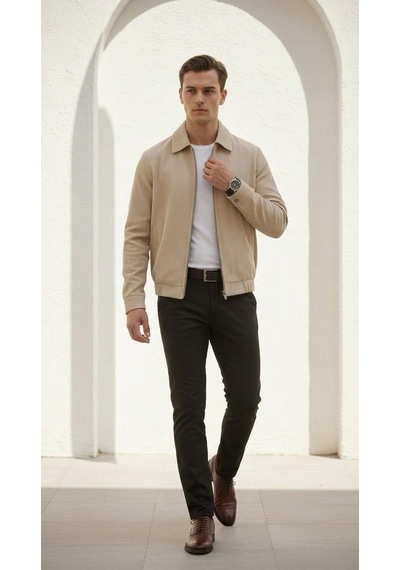 Plus Scorpion Slim Fit Fitilli Dokulu Erkek Fermuarlı Mont Ceket Günlük Şık Kombin Bej