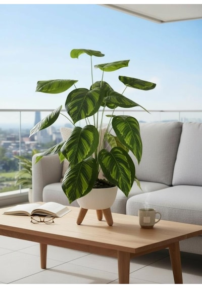 Yapay Çiçek Salon Bitkisi Difenbahya 70cm 18 Yaprak Beyaz Zigon Saksıda Yeşil