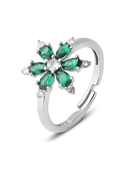 Zanaatsilver 925 Ayar Gümüş, Yeşil Taşlı Rodyum Kaplama Kamelya Çiceği Yüzük