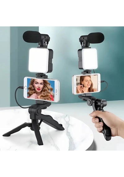 Shopytech 5 İ 1 Arada Mikrofonlu Led Işıklı Vlog Kiti Tabanca Tutuşlu Masaüstü Tripod & Selfie Stick 1 Adet