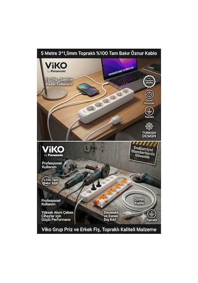 Viko 6'lı Grup Priz 5 Metre - 3x1.5mm %100 Saf Bakır Öznur Kablolu Uzatma Kablosu Çocuk Korumalı & Ark Yapmaz 5 M