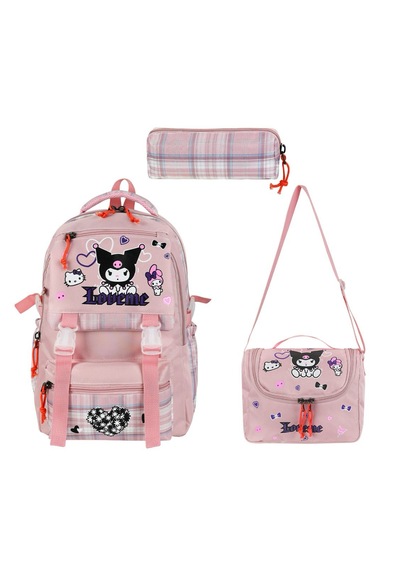 Kuromi Desenli Ekoseli Okul Çantası Folyolu Beslenme Ve Kalemlik Pembe