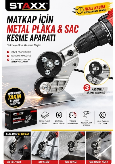 Staxx Stsac200 Matkap İçin Metal Plaka Sac Kesme Aparatı Sac Makası Elektrikli Şarjlı Matkap Uyumlu