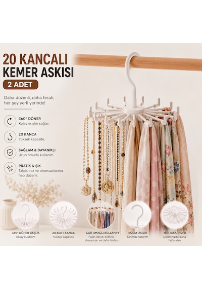 2 Adet 360 Derece Döner Başlıklı 20 Kancalı Kemer Askısı Fular Takı Ve Kravat Düzenleyici Askı Beyaz
