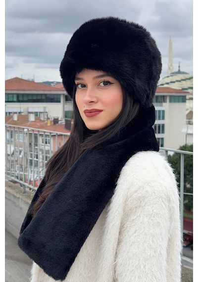 Mollycrush Peluş Rus Tarzı Kalpak Atkı 2'li Set Kadın Kışlık Suni Kürk Siyah 2'li Takım Siyah