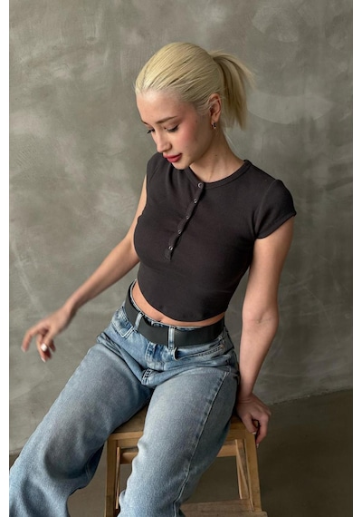 Madmext Füme Henley Çıt Kapamalı Kadın Tişört Mg2306 Füme