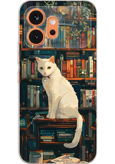 Honor 600 Uyumlu Kitaplık Beyaz Kedi Tasarımlı Baskılı Silikon Kılıf Renkli