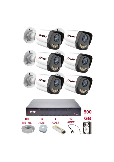 Fury 6 Kameralı 4 Warm Led Gece Renkli Görüş-cepten İzle-su Geçirmez Güvenlik Kamerası Seti 500gb
