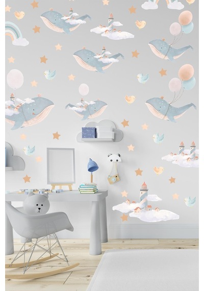 Sevimli Balinalar Deniz Feneri Kuşlar Ve Yıldızlar Çocuk Bebek Odası Dekorasyon Sticker Seti