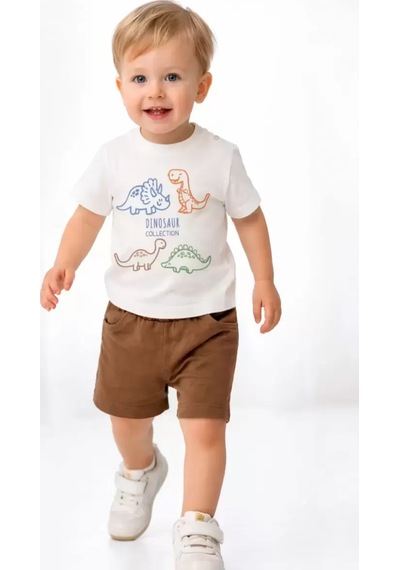 6/24 Ay Dino Baskılı Basic Bebek Takımı Kahverengi