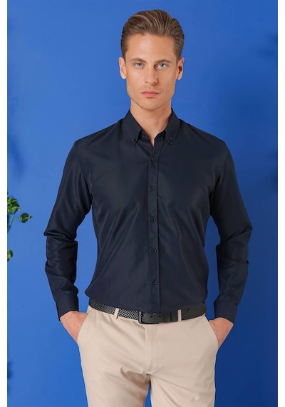 Efor Slim Fit Düğmeli Yaka Pamuklu Klasik Lacivert Gömlek Gk 715 Lacivert