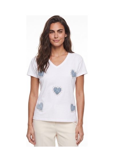 Onloox Kadın Beyaz Beyaz Pamuklu Esnek Kumaş V Yaka Kısa Kollu Kot Kalp Ve Taş Detaylı Örme T-shirt