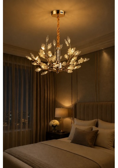 Modern Premium Yaprak Detaylı Gold Led Avize Salon Yemek Odası Dekoratif Sarkıt Avize 28w