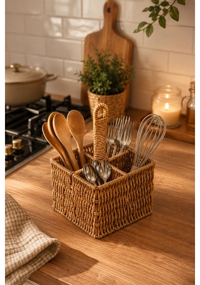 Porsima Dhz07349 Dekoratif Doğal Hasır 4 Bölmeli Banyo Mutfak Organizeri Banyo Mutfak Düzenleyici 15x15x11,5cm Diğer