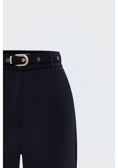 Sateen Kemer Detaylı Saten Klasik Pantolon - Lacivert-137944