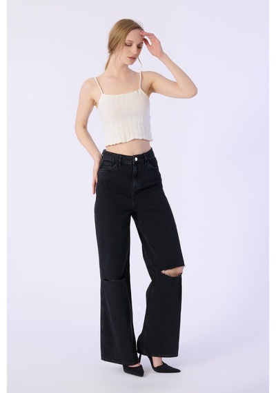 Yüksek Bel Wide Leg Dizler Lazerlı Jeans-siyah Siyah