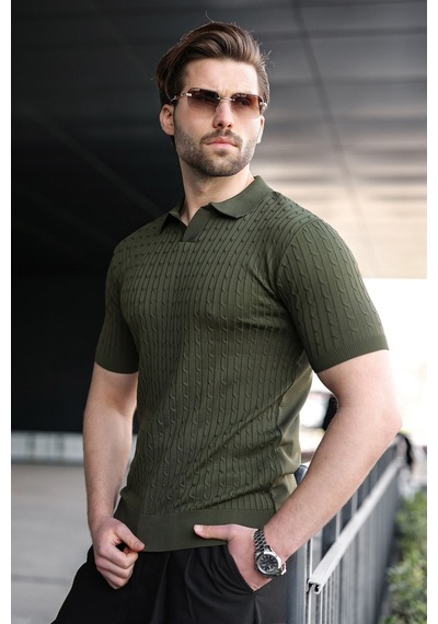 Madmext Haki Slim Fit Polo Yaka Triko Erkek Tişört E7472 Haki