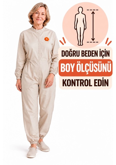 Bej Yaka Çiçekli Hasta Tulumu Demans Hasta Bakım Kıyafeti Sırt Fermuarlı
