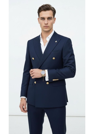 Plus Scorpion Gold Düğmeli Kruvaze Erkek Blazer Ceket Premium Kumaş, Slim Fit Şıklık Koyu Lacivert