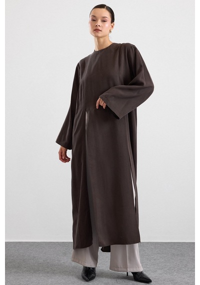 Olcay Derin Yırtmaçlı Oversize Uzun Tunik Kahve 9838