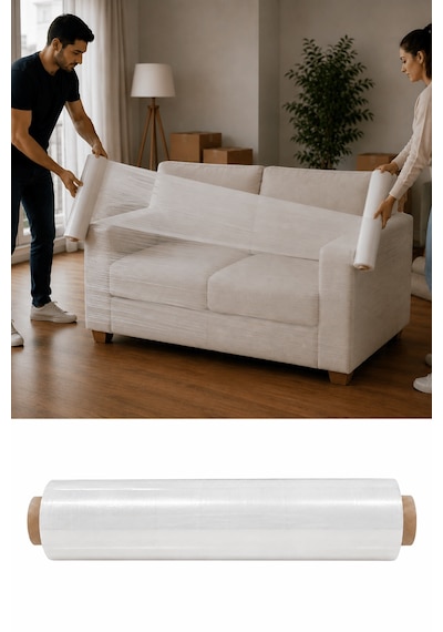 El Tipi Beyaz Streç Film Mobilya Eşya Koli Palet Paket Taşıma Sarma Koruma 40 Cm X 300 M 23 Mikron