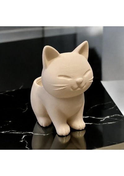 3d Baskı Sevimli Kedi Saksı - Figürlü Sukulent Saksısı-bej
