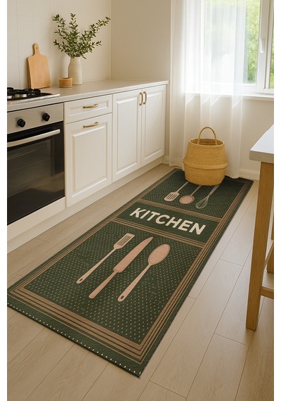 Turkıshrug Kıngdom Haki Kitchen Yazılı Halı Kaymaz Pamuk Taban, Dijital Baskı Çok Renkli