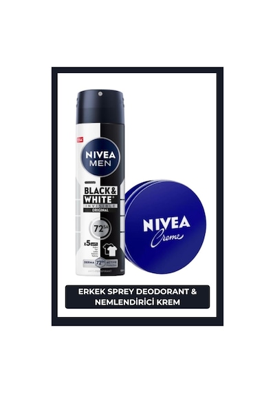 Nivea Black & White Invisible Original Erkek Sprey Deodorant 150 ML + Nemlendirici Krem Teneke 30 ML