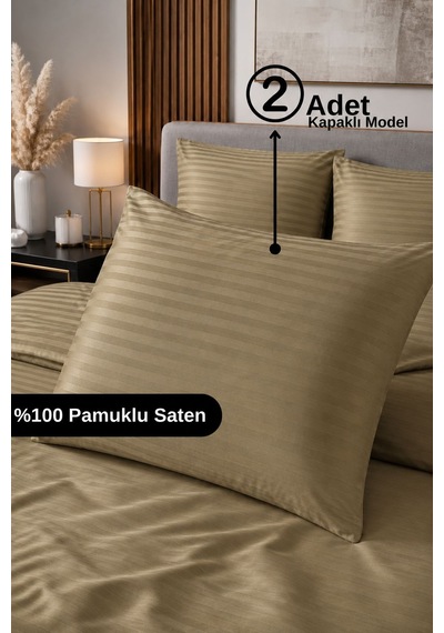 %100 Pamuk Saten Çizgili Kapaklı Yastık Kılıfı 2'li Lüx Otel Kalitesi 50x70 Haki