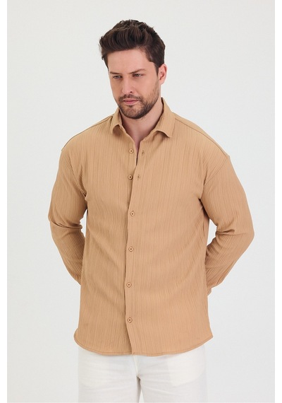 Tarz Cool Erkek Kendinden Çizgi Detaylı Slim Fit Dar Kalıp Uzun Kol Gömlek Krem
