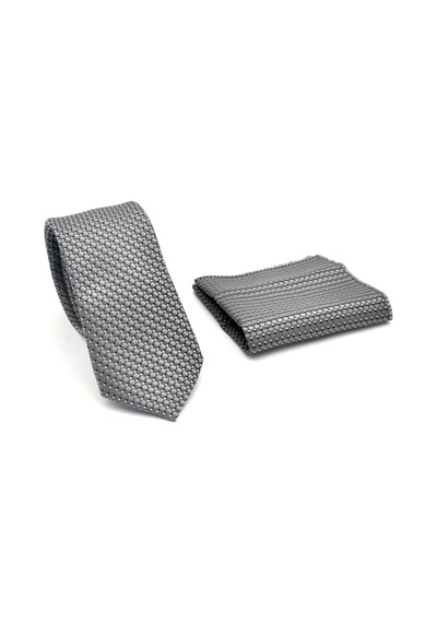 Gaffy Beyaz Küçük Kare Desenli Gri Dokuma Kumaş Mendilli Slim Fit Kravat // Sdk-2511-4 Gri