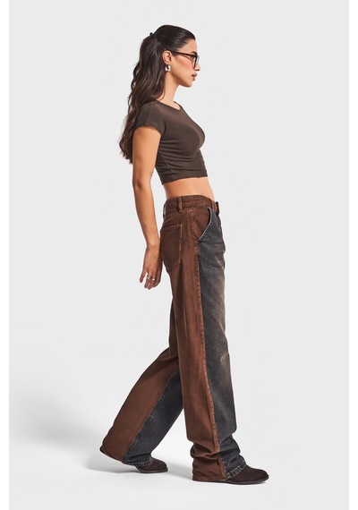 Itsbasic Kadın Füme Kahverengi 2w5-87 Loose Fit Denim Kadife Kumaş Parçalı Tasarım Pantolon Füme Kahve