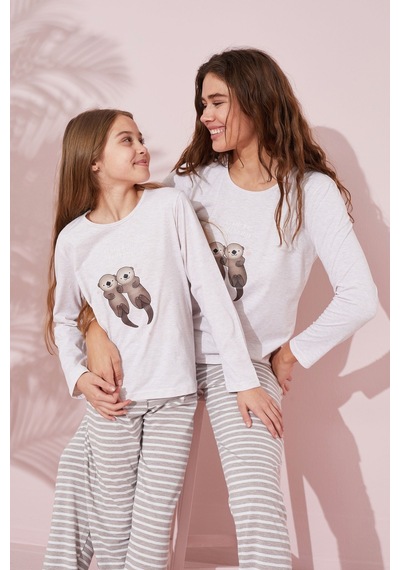 Siyah İnci Pamuklu Örme Pijama Takım 24241110 Gri