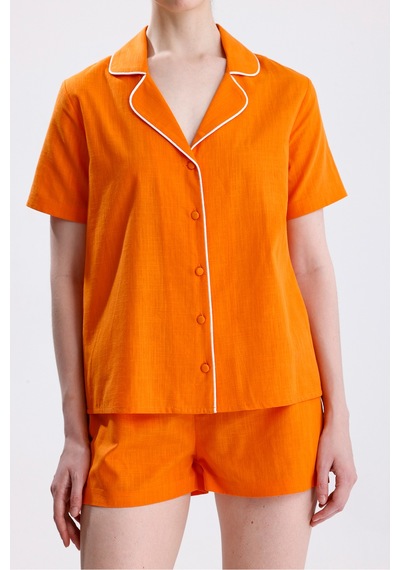 Kadın Kısa Kol Önden Düğmeli Şortlu Kiremit Pijama Takımı Çok Renkli